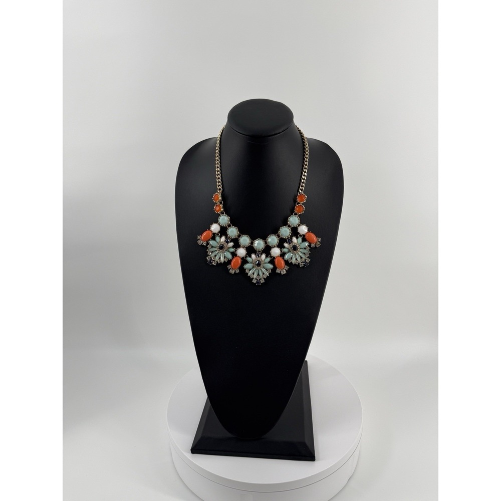 Chunky Bib Statement Necklace Gold Tone Teal Orange White crystal Floral - Picture 1 of 8